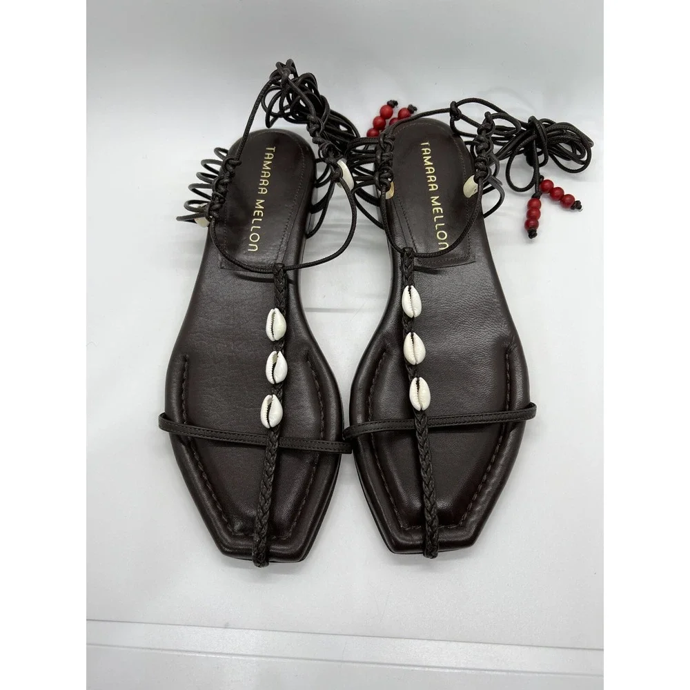 Tamara Mellon Sandal Flat Brown Leather Gladiator Lace Up Boho Resort Wear Sz 36